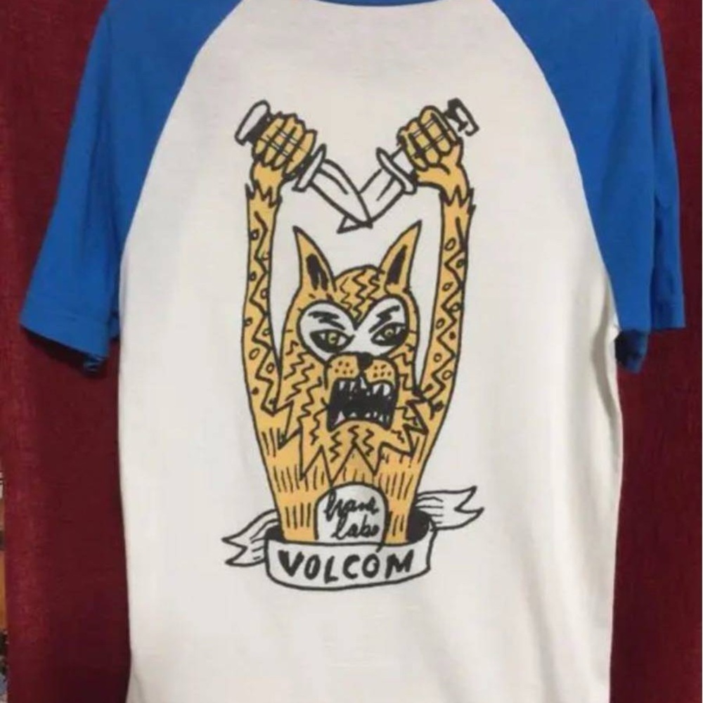 Volcom Tshirt Surf Short Sleeve Shirt raglan henley Mens M navy blue & White